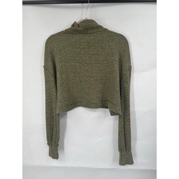 Free People Waffle Knit Cropped Top Women Small Green Oversized Lagenlook Boho - Picture 3 of 12
